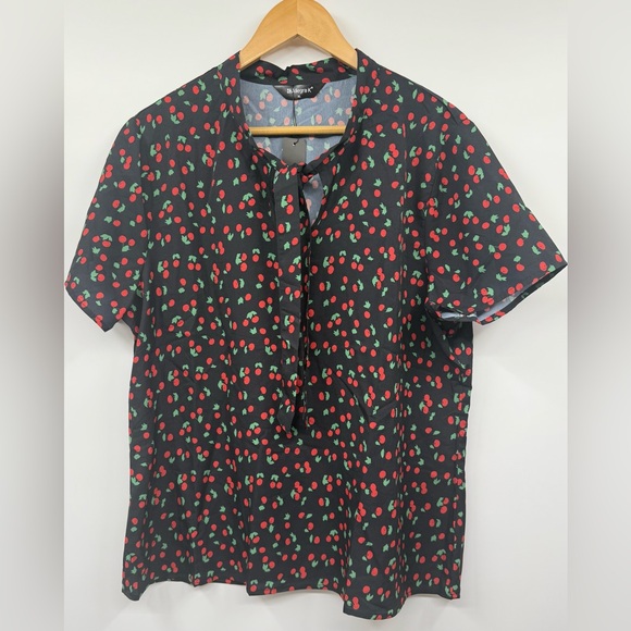 Bow Tie Neck Short Sleeve Printed Chiffon Blouse Black-Cherry SZ XL - Picture 5 of 9